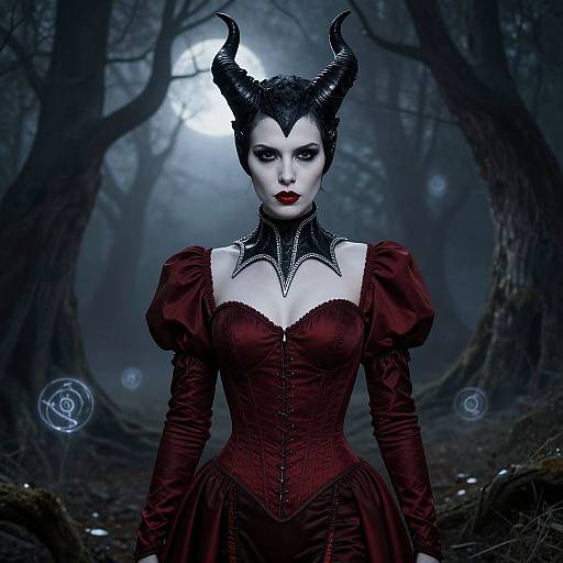 Digital artwork of a pale, red-lipped woman with black, horned headpiece, wearing a dark red, corseted gown in a mist