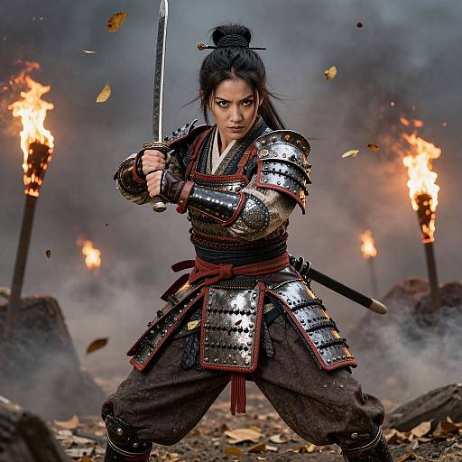 Photorealistic digital artwork of a fierce Asian warrior woman in silver armor, wielding a sword, amidst fiery torches and smoke.