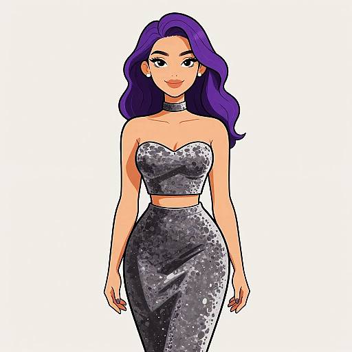 Digital illustration of a confident woman with long purple hair, wearing a sparkling gray strapless top and matching high-waisted skirt, with a black ch