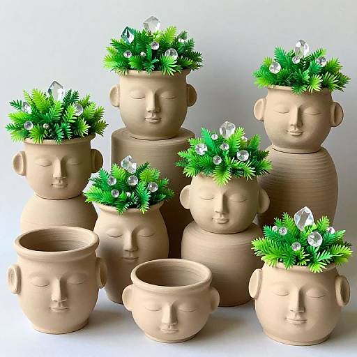 Photograph of seven beige ceramic Buddha head pots, stacked and arranged, each topped with green pine branches and clear crystal ornaments.