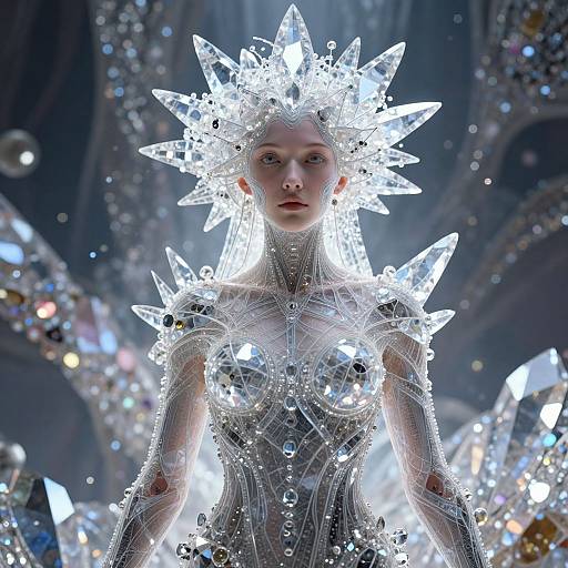 CGI image of a fair-skinned, red-lipped woman with crystal crown and glowing, ice-like armor, surrounded by sparkling crystals in a dark
