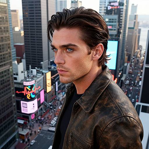 Handsome Man in Leather Jacket Overlooking Urban Cityscape