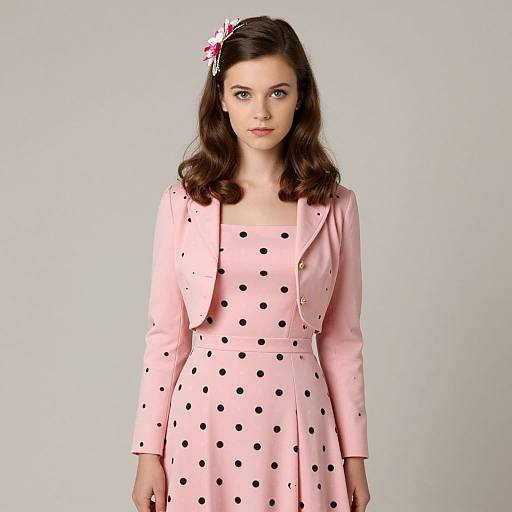 Photograph of a young woman with fair skin and brown hair, wearing a pink polka dot dress and matching jacket, adorned with a pink flower hair