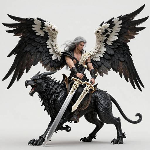Digital artwork of a muscular, winged warrior with silver hair, black feathers, and a large sword, standing beside a fierce, black dragon.