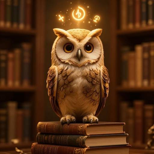 Digital artwork of a cute, wide-eyed owl with golden magic symbols above its head, perched on stacked, old books in a dimly lit library