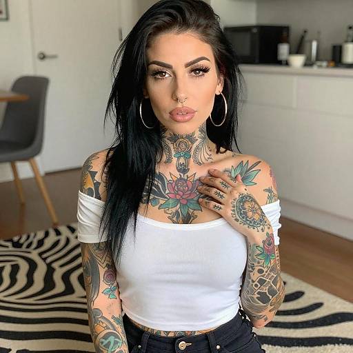Tattooed Woman Indoors in White Top