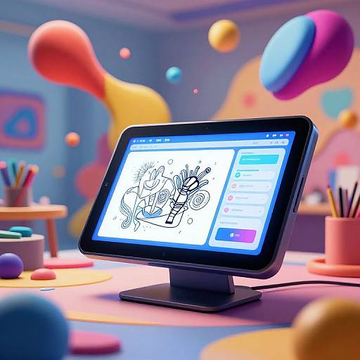Digital illustration of a tablet displaying a black-and-white sketch of a whimsical creature in a colorful, playful art studio.