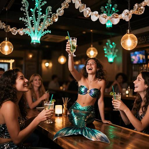 Mermaid Celebrating in Lively Pub