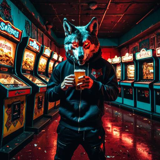 Anthropomorphic Wolf in Neon Arcade with Beer