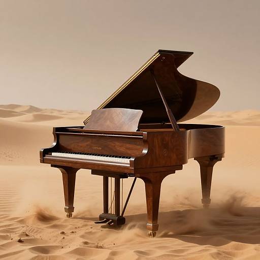 Photograph of a polished wooden grand piano with an open lid, placed in a sandy desert with golden sand dunes.