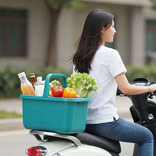 Woman Riding Scooter with Groceries