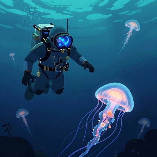 Bioluminescent Deep-Sea Explorer with Jellyfish Companions