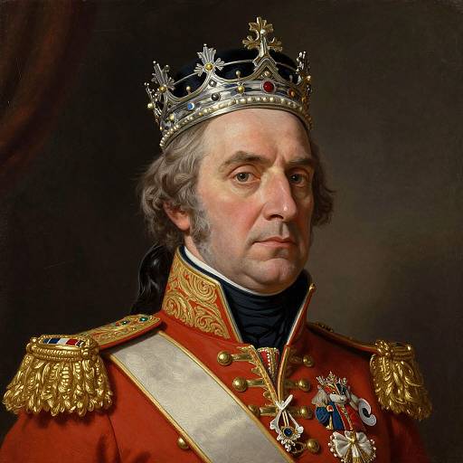 Photorealistic portrait of an elderly Caucasian king with gray hair, wearing an ornate silver crown, red military uniform with gold epaulettes,