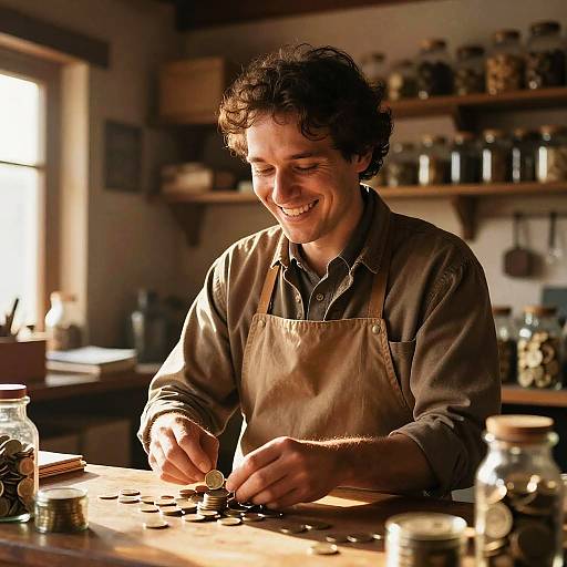 Happy Merchant in Rustic Shop