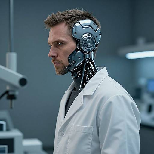 Photograph of a man with a cybernetic head, wearing a white lab coat, in a futuristic, dimly lit laboratory.