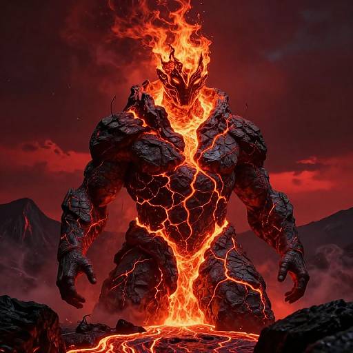 Digital illustration of a towering, fiery, rock-like creature with glowing red cracks, standing amidst a dark, mountainous, volcanic landscape.