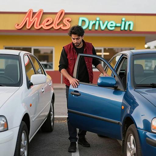 Young man opening car door at Mel's Drive-In