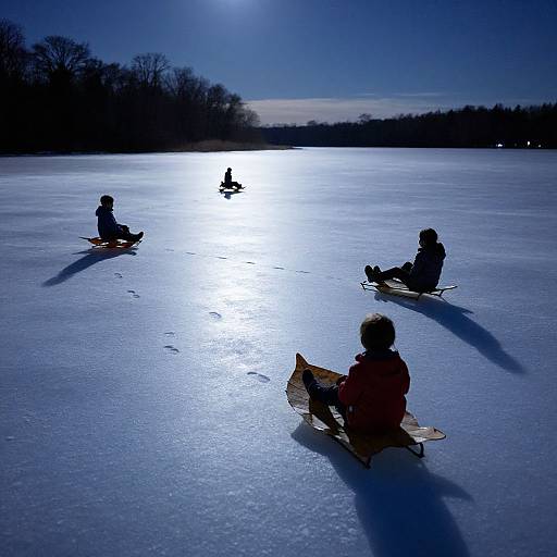 Photograph of four silhouetted children ice skating on a frozen lake under a bright full moon, casting long shadows on the icy surface.