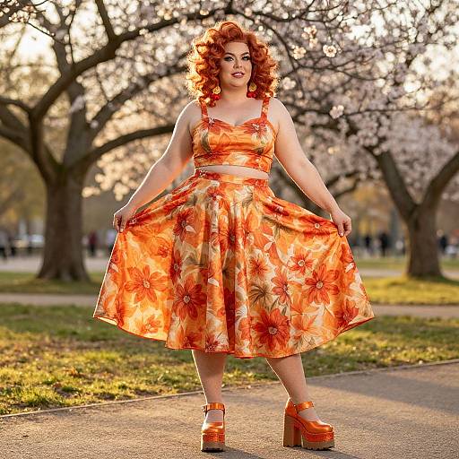 Photograph of a curvy woman with red curly hair wearing an orange floral dress, holding the skirt, standing in a sunlit park with cherry blossom