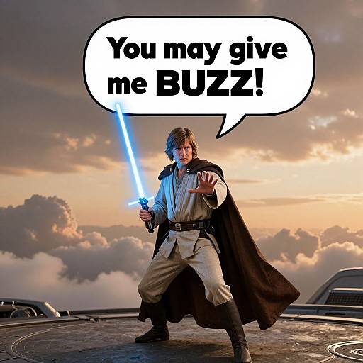 Photograph of a young man with light brown hair, holding a glowing blue lightsaber, wearing white and black Jedi attire, standing on a rooftop at