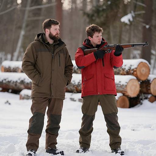 Men in a Snowy Forest Scene