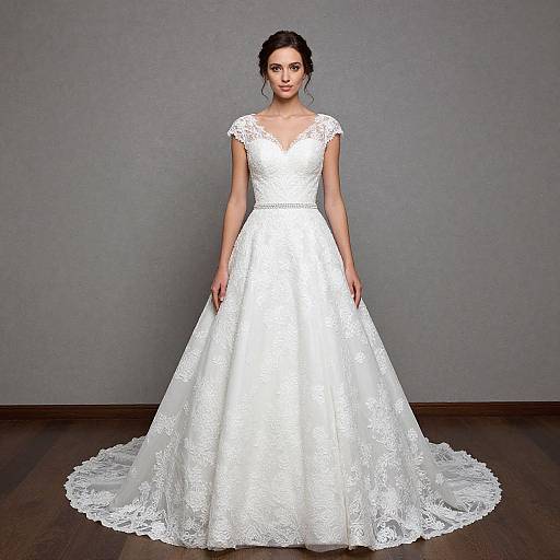 Photograph of a fair-skinned woman with dark hair in an elegant, white lace wedding dress with a V-neck and cap sleeves, standing against a