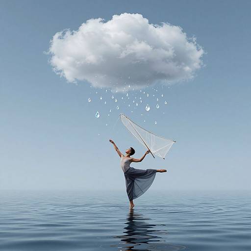 Photograph of a woman in a flowing gray dress balancing on one leg, holding a fishing net, making a cloud above her with falling water droplets