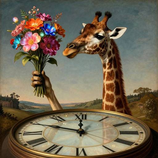 Surreal Giraffe Juggling Luminescent Flowers
