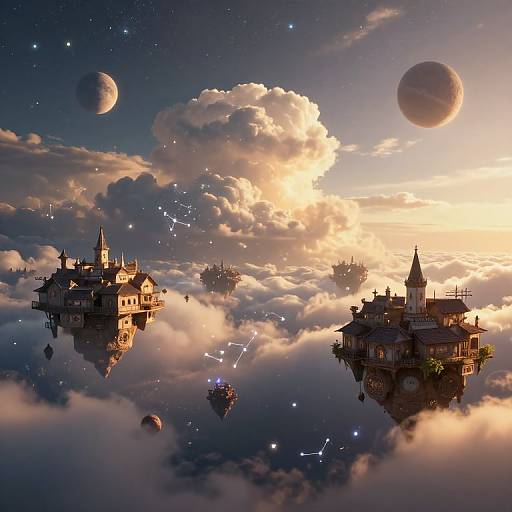 Fantasy digital painting of floating medieval villages among clouds, with planets and stars in a twilight sky. Magical, celestial, and surreal.