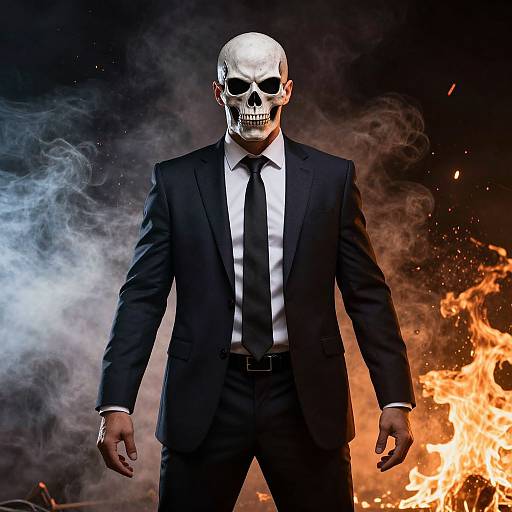 Photograph of a bald, skeletal-headed man in a black suit with a white shirt and black tie, standing amid fiery flames and smoke.
