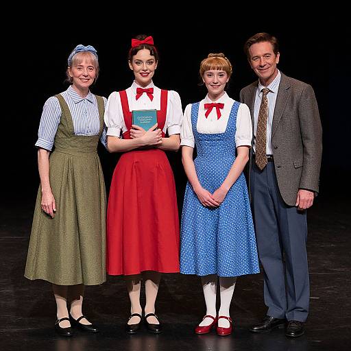 Photograph of four people on stage: three women in 1950s-style dresses (green, red, blue) and one man in a gray