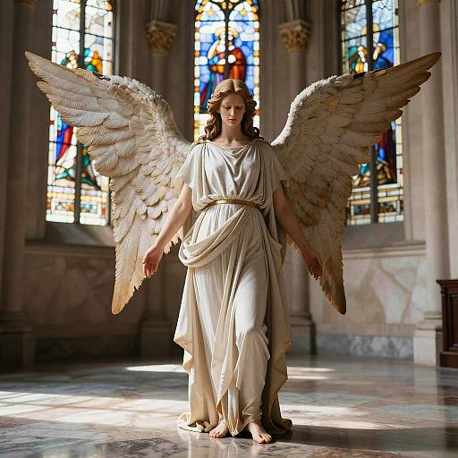 Photograph of a young woman with large, detailed angel wings, wearing a flowing beige toga, standing in a sunlit, stained glass cathedral.