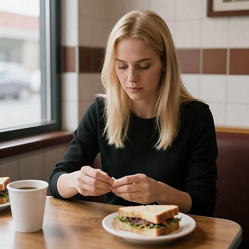 Blonde Woman Focused at Diner Table