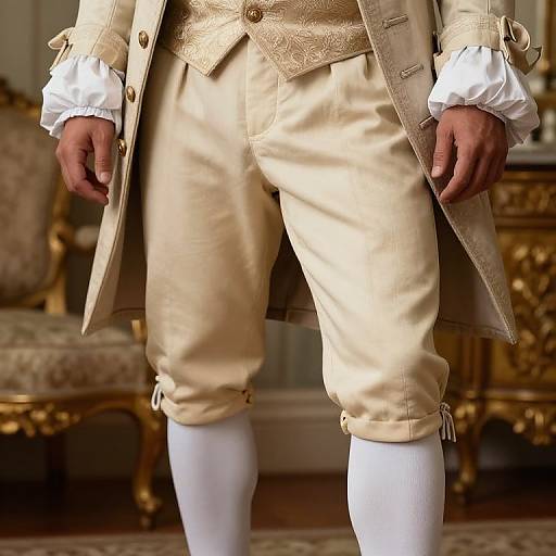 Photograph of a male figure in 18th-century style cream pants, white stockings, and ornate beige coat, standing in an opulent room