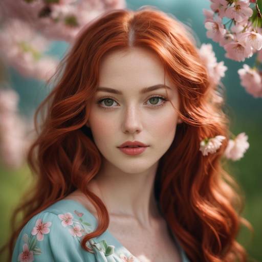Redhead Woman Among Blossoms