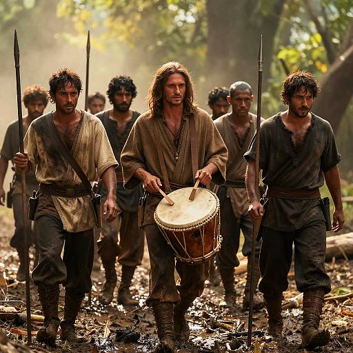 Rugged Men in Sunlit Forest Scene