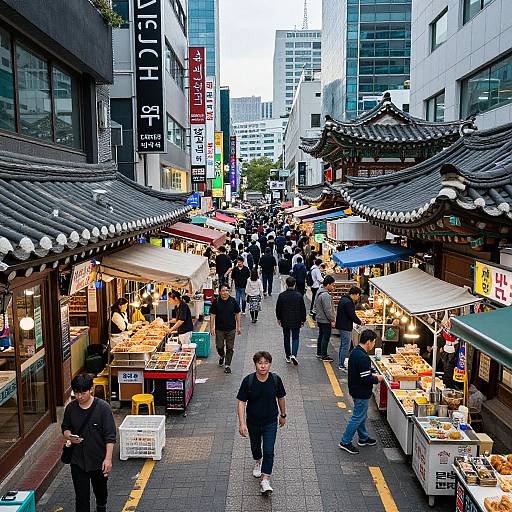 Photograph of bustling Korean street market with traditional roofed stalls, colorful signage, crowds, and vendors selling fresh produce and goods. Urban setting, evening