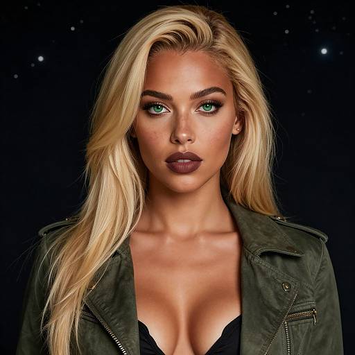 Photograph of a blonde woman with green eyes, wearing dark lipstick and a green jacket, against a dark starry background.