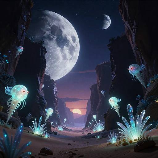 Suspended Crystalline Canyon Between Twin Moons