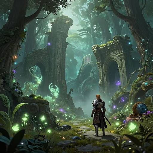 Digital fantasy art: Adventurer with sword stands before glowing, ruins-covered forest, surrounded by ethereal green lights and colorful flowers. Mysterious, enchanted