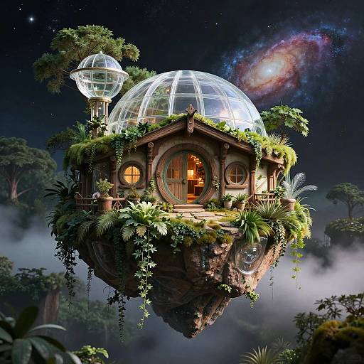 Floating Hobbit House with Glass Domes at Night
