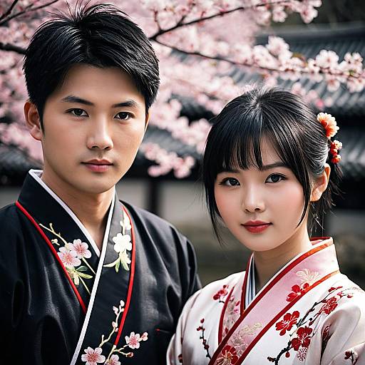 Young Couple in Traditional Chinese Costumes with Cherry Blossoms