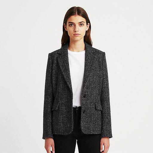 Photograph of a young woman with long brown hair, wearing a black textured blazer over a white t-shirt, and black pants, standing against a