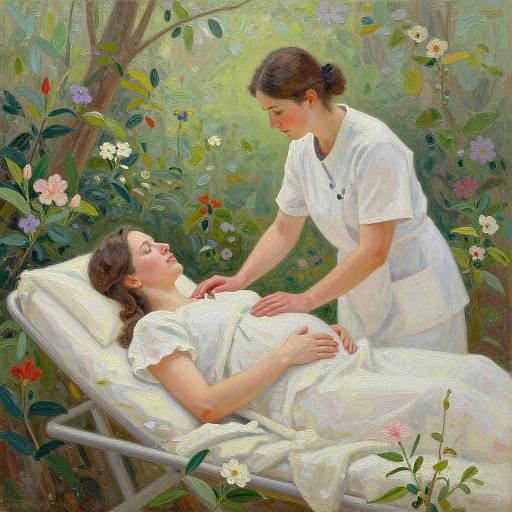 Digital painting of a nurse in white caring for a pregnant woman in a garden bed, surrounded by colorful flowers.