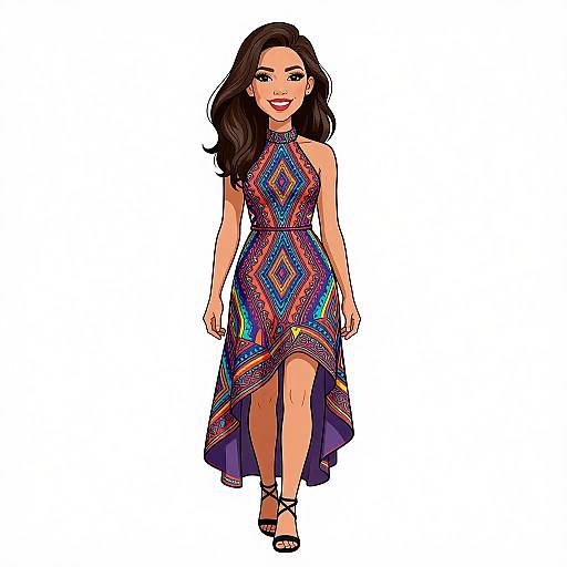Digital illustration of a smiling woman with long black hair wearing a colorful, diamond-patterned, sleeveless dress and black sandals, walking against a white background