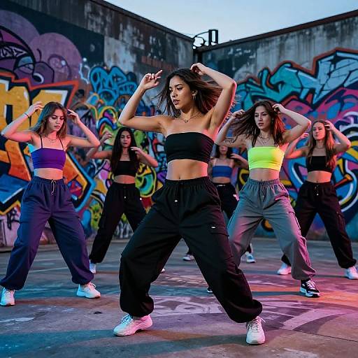 Photograph of four young women dancing in a graffiti-covered urban alley at dusk, wearing black tube tops and loose pants, with colorful street art in the