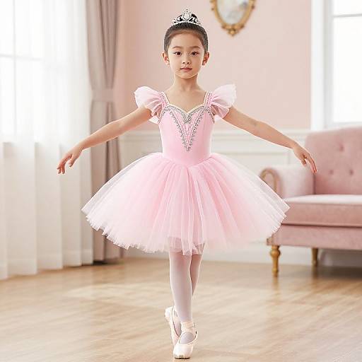 Young Asian ballerina in pink tutu, white tights, and tiara, standing gracefully in elegant ballet studio with pink couch. Photograph.
