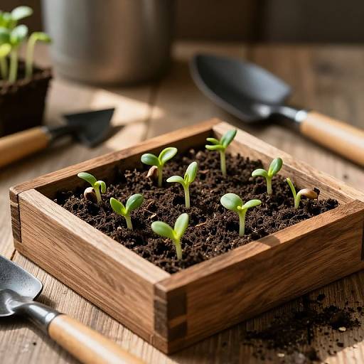 Photograph of a wooden planter box with five small green seedlings, surrounded by dark soil, on a wooden table. Tools, including a shovel