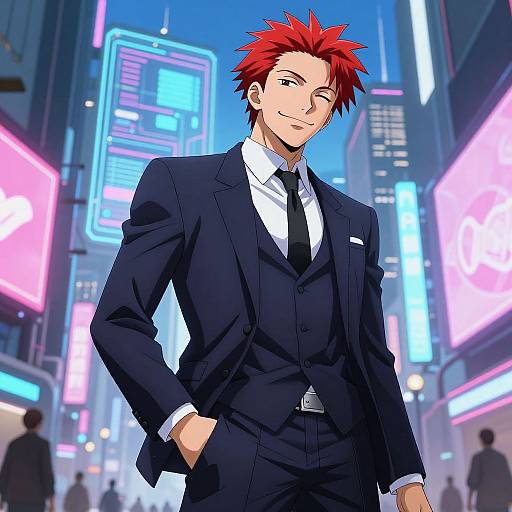 Confident Anime Man in Futuristic City