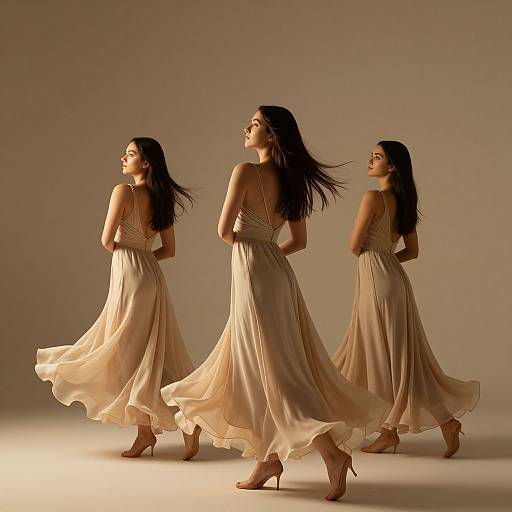 Photograph of three women in flowing, beige, sleeveless dresses, standing in profile, with long dark hair, and high heels, against a plain